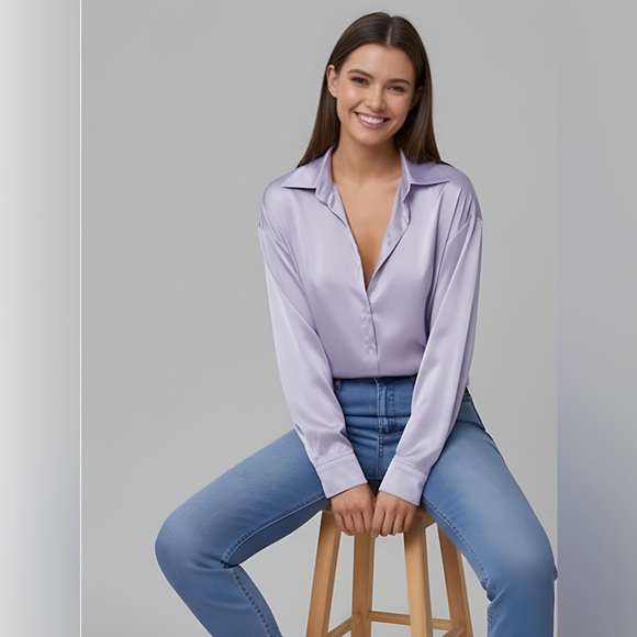 Lilac Satin Button Up Blouse - Picture 3 of 8